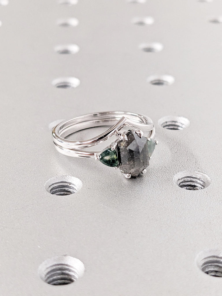 Hexagon Cut Salt and Pepper Diamond Wedding Ring Set, White Gold Ring, Green Moss Agate Ring, Bridal Set Ring, Gold Engagement Ring for Her
