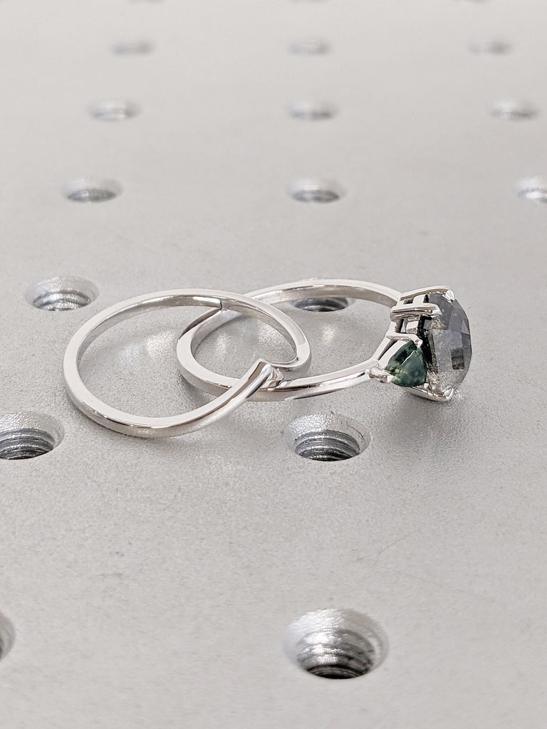 14k Gold Vintage Style Ring, Salt and Pepper Diamond Engagement Ring Set, Statement Rings for Women, Moss Agate Engagement Ring, Bridal Gift