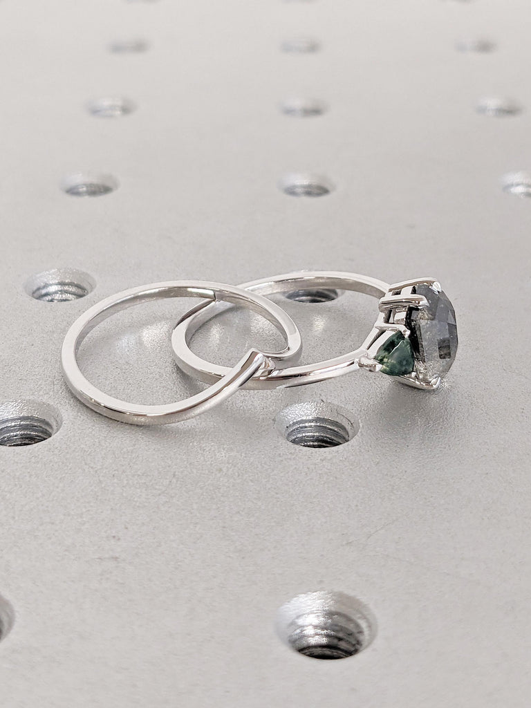 Hexagon Cut Salt and Pepper Diamond Wedding Ring Set, White Gold Ring, Green Moss Agate Ring, Bridal Set Ring, Gold Engagement Ring for Her