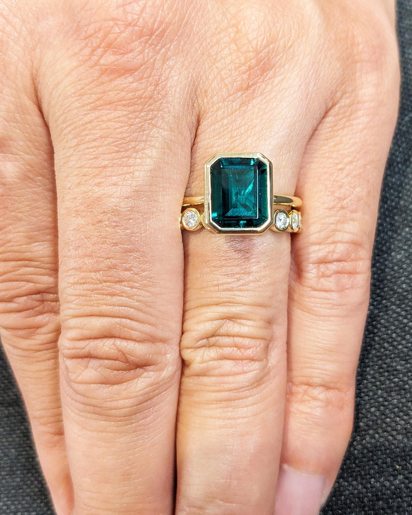 2pcs Vintage Emerald Cut Emerald Engagement Ring Set, Bezel Set Green Emerald Ring Promise Ring Set, Moissanite Wedding Band Bridal Ring Set