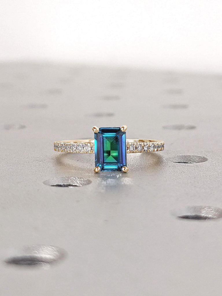 1ct Blue Green Sapphire and Diamond Engagement Ring | 14k Yellow Gold Emerald cut Ring | Paved Moissanite Half Eternity Band | Sapphire Ring