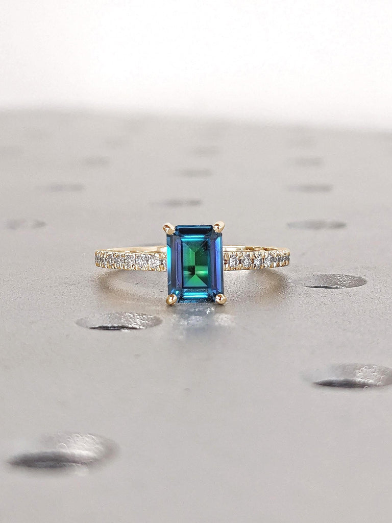 1ct Blue Green Sapphire and Diamond Engagement Ring | 14k Yellow Gold Emerald cut Ring | Paved Moissanite Half Eternity Band | Sapphire Ring