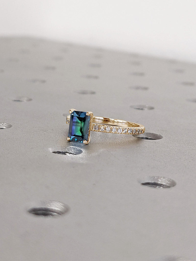 Green Sapphire Solitaire 14k Gold Engagement Ring | Women Sapphire Wedding Ring | Lab Grown Diamond Half Eternity Ring