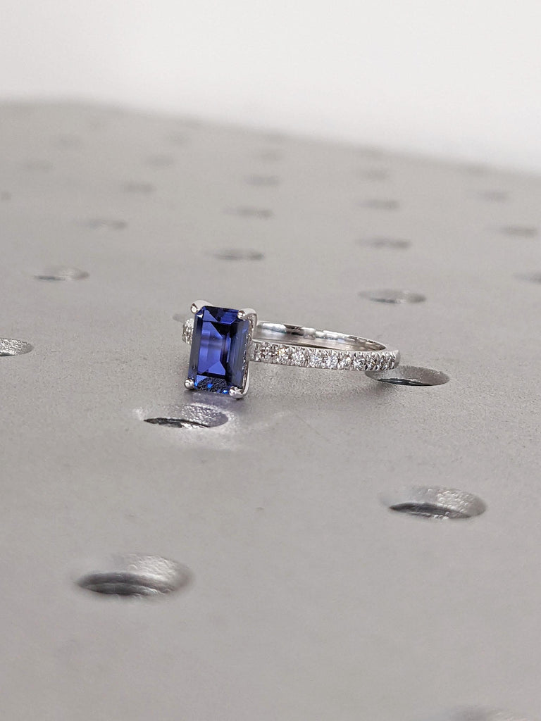 Delicate Engagement Ring | Blue Sapphire September Birthstone Ring | Emerald cut Sapphire White Gold Rings for Women | Sapphire Engagement