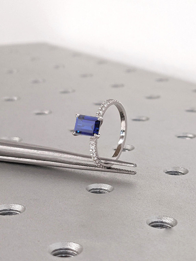 Delicate Engagement Ring | Blue Sapphire September Birthstone Ring | Emerald cut Sapphire White Gold Rings for Women | Sapphire Engagement