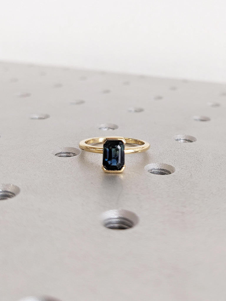 1ct Teal Sapphire Ring, Emerald Cut Engagement Ring, Blue Green Montana Sapphire Ring, Minimalist 18k Solid Gold Ring, Bezel Engagement Ring