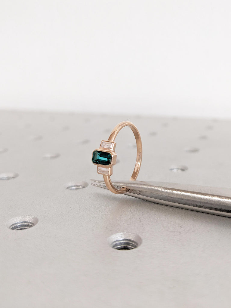 14k Rose Gold Engagement Ring, Baguette Moissanite, Gemstone Ring