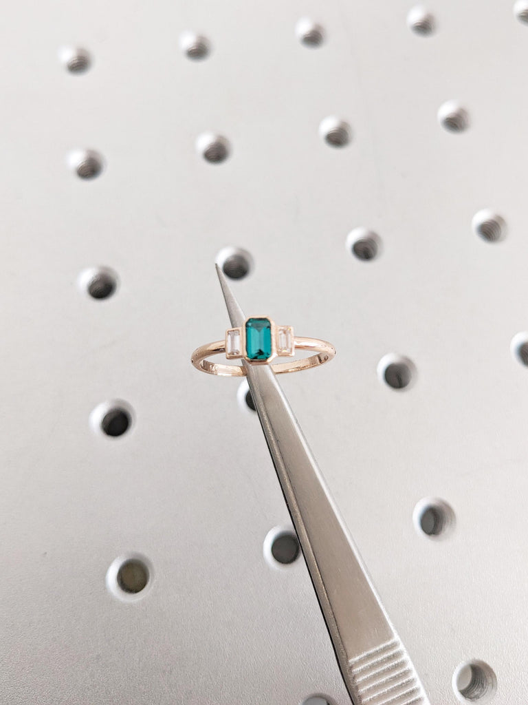 Lab Emerald Ring, Emerald Cut Engagement Ring, Promise Rings for Women, 14k Rose Gold Engagement Ring, Baguette Moissanite, Gemstone Ring