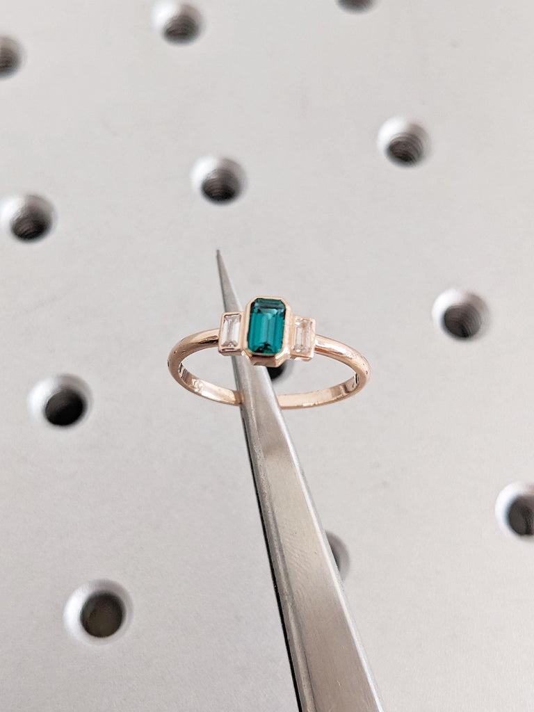 Lab Emerald Ring, Emerald Cut Engagement Ring, Promise Rings for Women, 14k Rose Gold Engagement Ring, Baguette Moissanite, Gemstone Ring