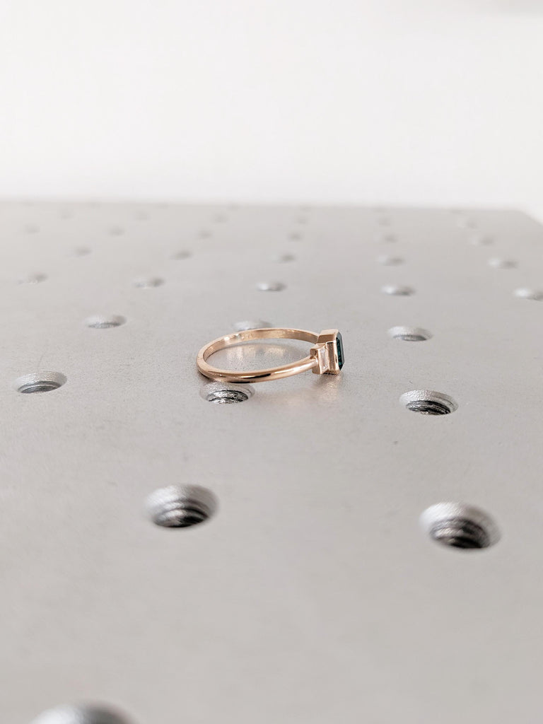 Emerald Engagement Ring, Rose Gold Ring, Vintage Wedding Ring, 3 Stone Engagement Ring, May Birthstone Ring, Bezel Ring, Emerald Cut Ring