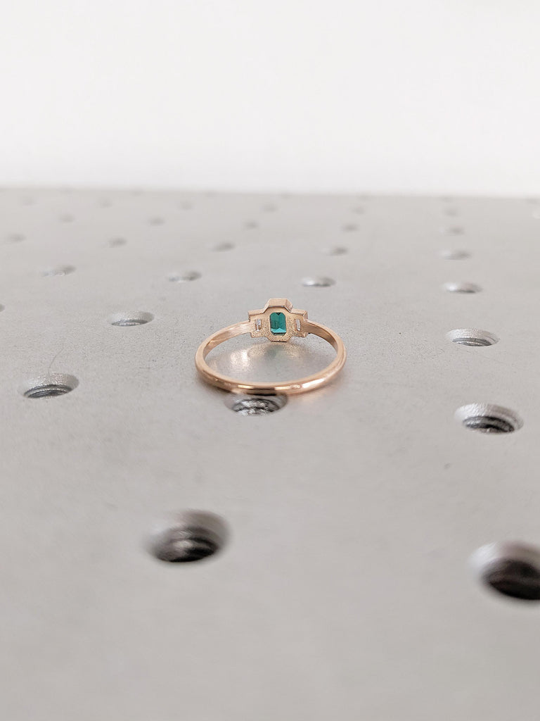 Lab Emerald Ring, Emerald Cut Engagement Ring, Promise Rings for Women, 14k Rose Gold Engagement Ring, Baguette Moissanite, Gemstone Ring