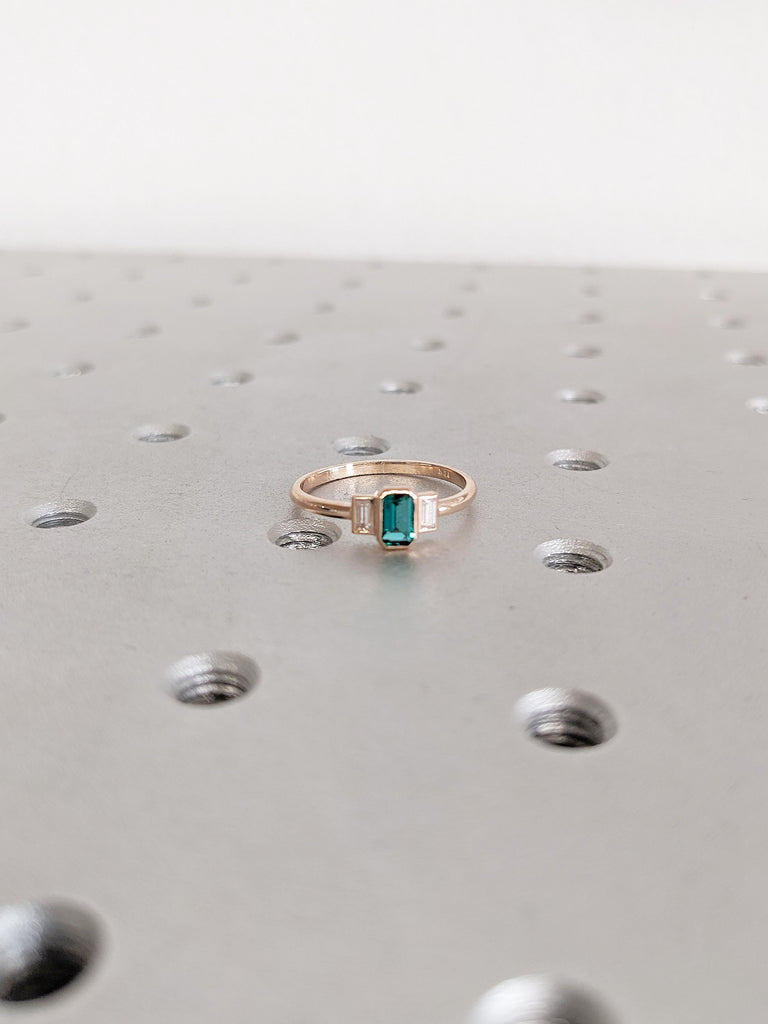 Emerald Engagement Ring, Rose Gold Ring, Vintage Wedding Ring, 3 Stone Engagement Ring, May Birthstone Ring, Bezel Ring, Emerald Cut Ring