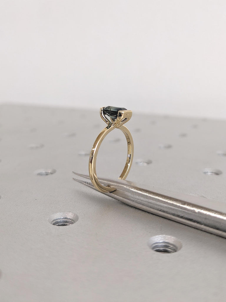 1ct Teal Sapphire Ring, Emerald Cut Engagement Ring, Blue Green Montana Sapphire Ring, Minimalist 18k Solid Gold Ring, Bezel Engagement Ring