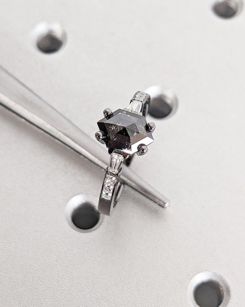 Galaxy Salt and Pepper Diamond Ring / Hexagon Ring / Black Gold Diamond Promise Ring / Tapered Diamond Baguettes / Geometric Engagement Ring