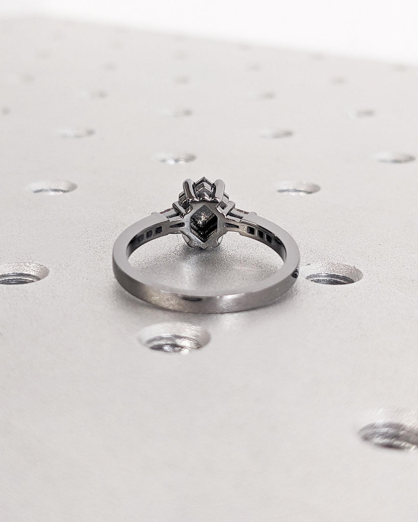 Galaxy Salt and Pepper Diamond Ring / Hexagon Ring / Black Gold Diamond Promise Ring / Tapered Diamond Baguettes / Geometric Engagement Ring