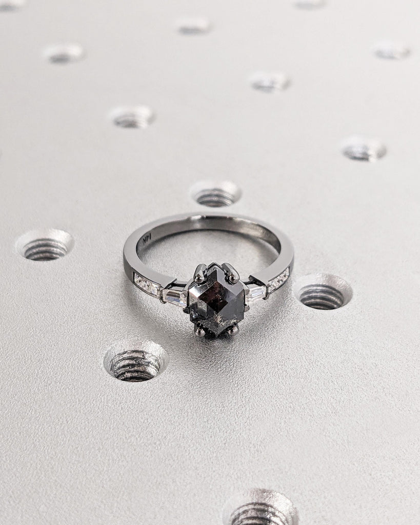 Galaxy Salt and Pepper Diamond Ring / Hexagon Ring / Black Gold Diamond Promise Ring / Tapered Diamond Baguettes / Geometric Engagement Ring