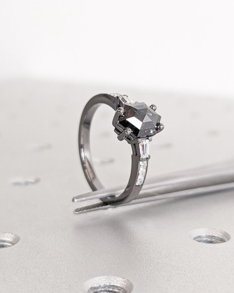 Dainty Hexagon Salt and Pepper Diamond Engagement Ring, Antique Black Gold Diamond Promise Ring for Her, Tapered Baguettes, Anniversary Gift
