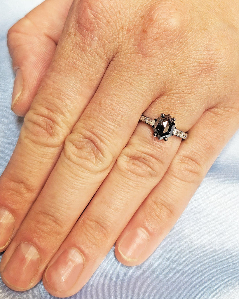 Dainty Hexagon Salt and Pepper Diamond Engagement Ring, Antique Black Gold Diamond Promise Ring for Her, Tapered Baguettes, Anniversary Gift
