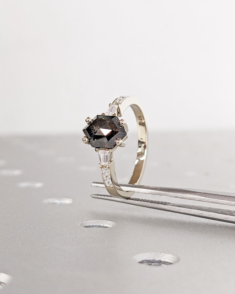 Dainty Hexagon Salt and Pepper Diamond Engagement Ring, Vintage White Gold Diamond Promise Ring for Her, Tapered Moissanite or Diamond Baguettes, Anniversary Gift