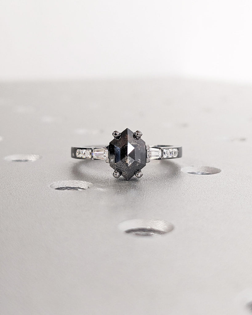 Galaxy Salt and Pepper Diamond Ring, Hexagon Ring, Black Gold Diamond Promise Ring with Tapered Diamond Baguettes, Unique Geometric Bridal Engagement Ring for Women