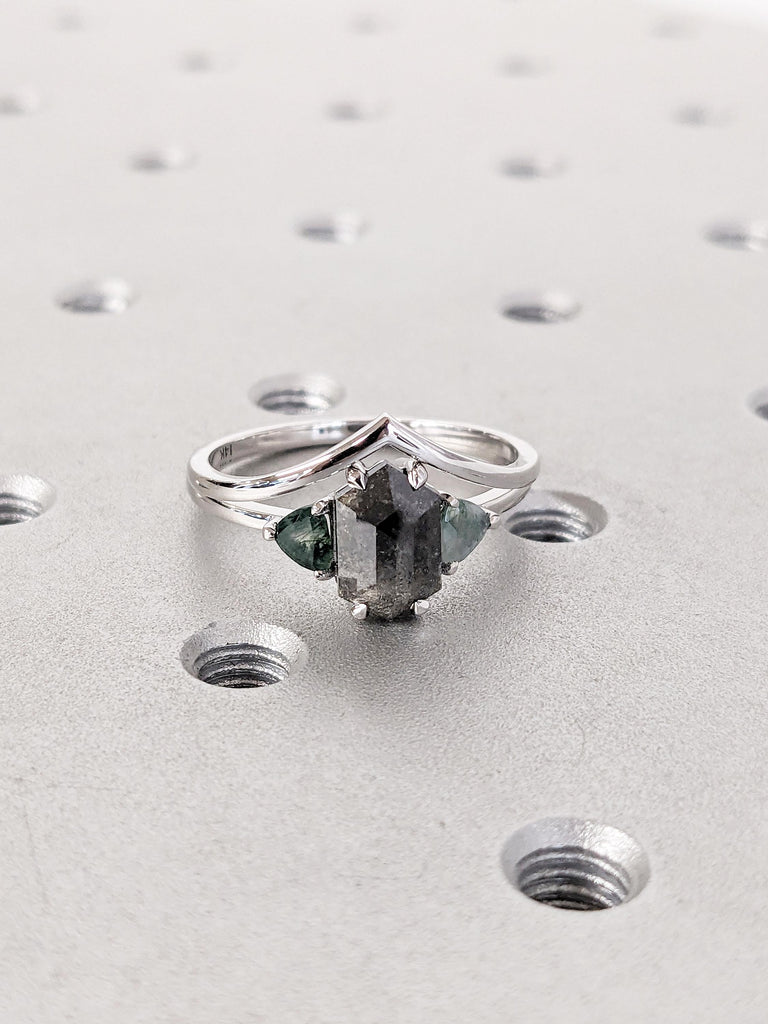 Hexagon Cut Salt and Pepper Diamond Wedding Ring Set, White Gold Ring, Green Moss Agate Ring, Bridal Set Ring, Gold Engagement Ring for Her