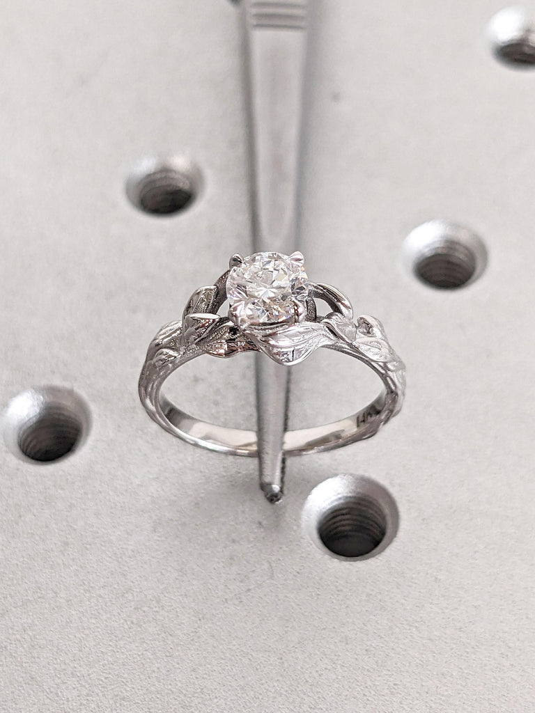 Round cut White Moissanite Woman Wedding Anniversary Ring | Gift for Wife | 14k 18k Real Gold Engagement Ring | Unique Proposal Leaf Ring