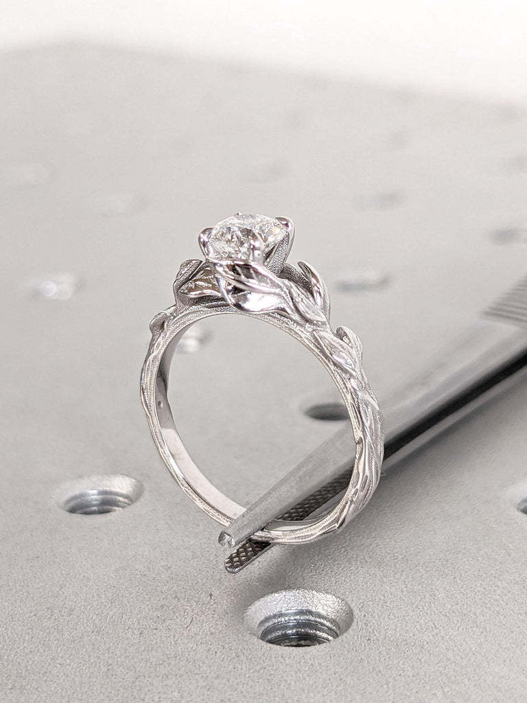 Solitaire Moissanite Engagement Ring | Nature Inspired Promise Ring | Solid Gold Rings for Women | Twigs Branches Handmade Wedding Band