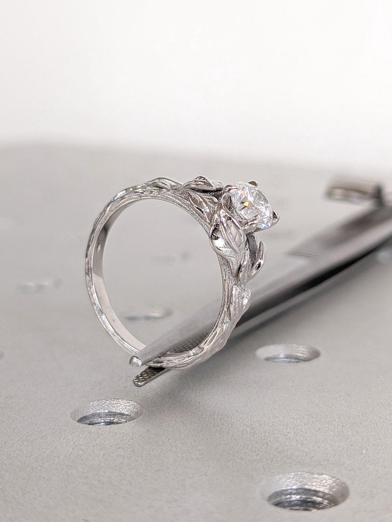 Round cut White Moissanite Woman Wedding Anniversary Ring | Gift for Wife | 14k 18k Real Gold Engagement Ring | Unique Proposal Leaf Ring