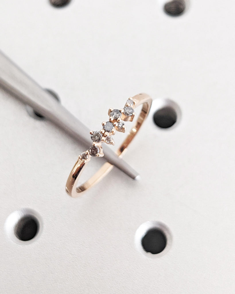Cluster Wedding Band Ring, Salt and Pepper Diamond Cluster Ring, Salt and Pepper Diamond Wedding Band, Stacking Matching Ring, 14K Rose Gold