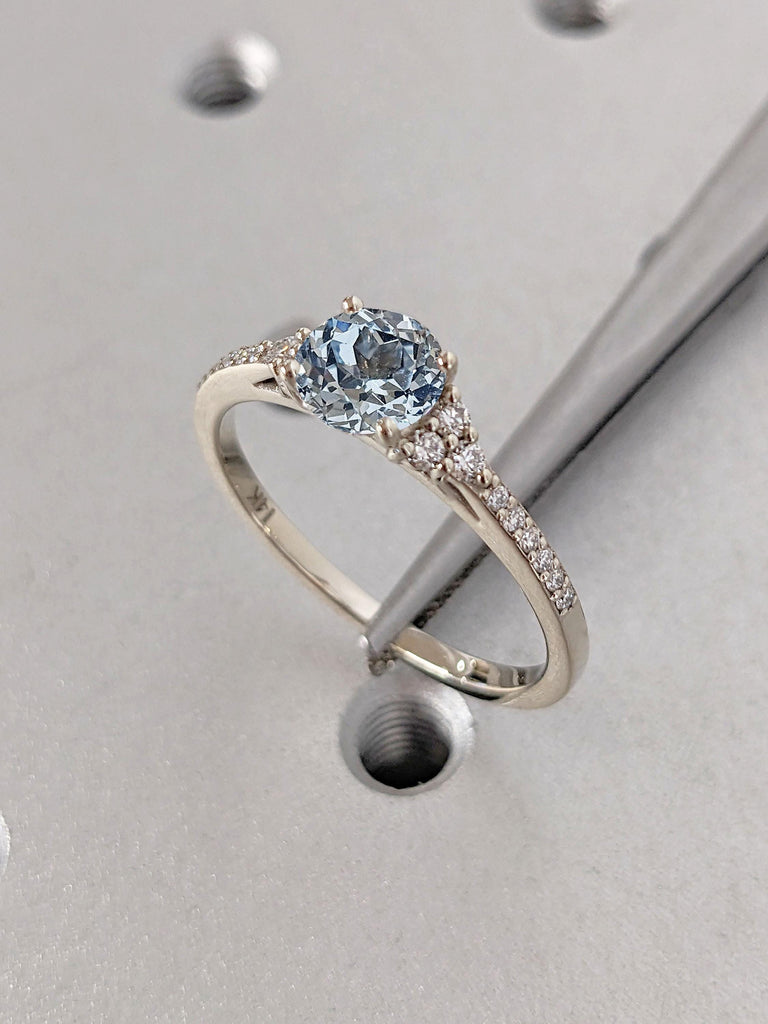 Solid Gold Aquamarine Something Blue Engagement Ring | Lab Grown Diamond Cluster Promise Ring | Round Aquamarine Wedding Ring, Gift for Wife