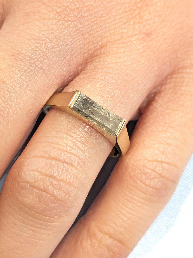 Gold Signet Statement Ring, Chunky Baguette Ring, Natural Diamond Salt and Pepper Ring, Stackable Ring, Solitaire Ring