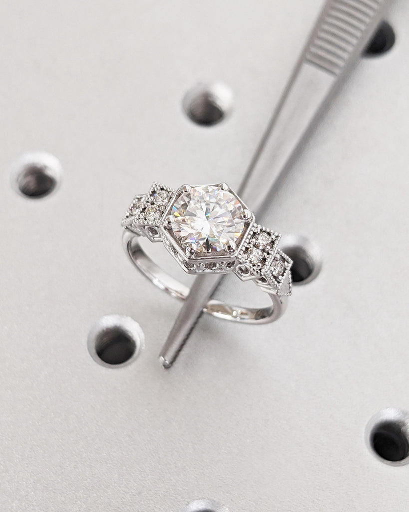 Vintage Moissanite Engagement Ring 14K White Gold Ring Gift Unique Antique Wedding Anniversary Promise Ring Vintage Filigree Engagement Ring