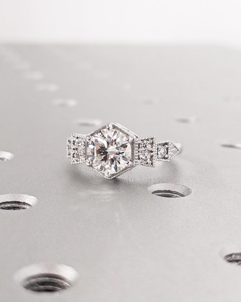 Vintage Lab Grown Diamond Ring Solid 14K White Gold Simulated Diamond Wedding Ring Bridal Antique Art Deco Filigree Engagement Ring for Her