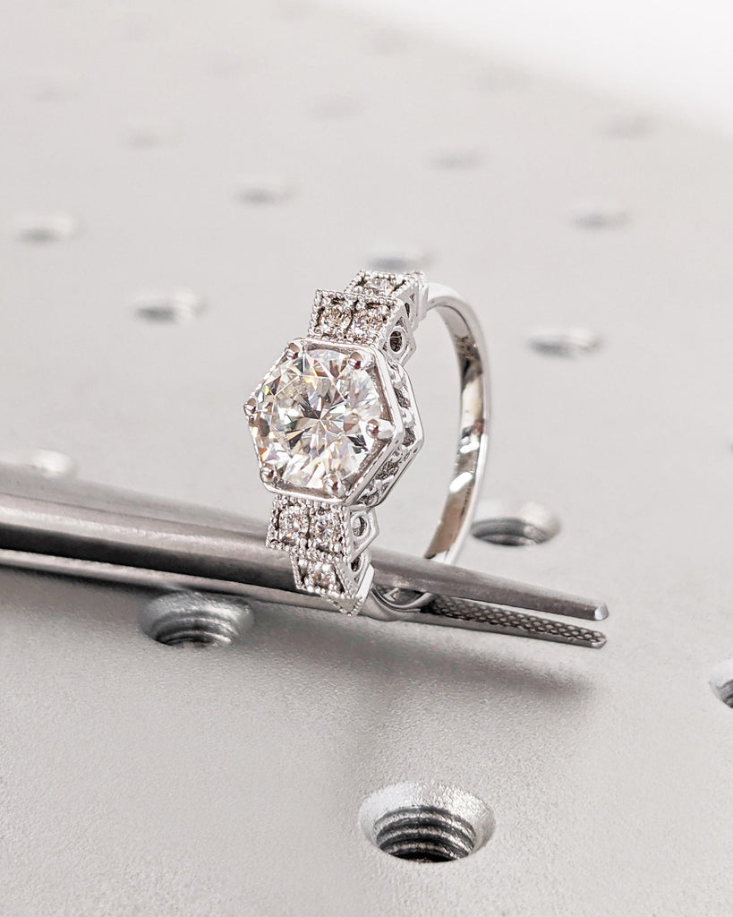Moissanite Ring Vintage Engagement Ring 14K White Gold Ring Art Deco Antique Wedding Promise Anniversary Ring Vintage Filigree Promise Ring