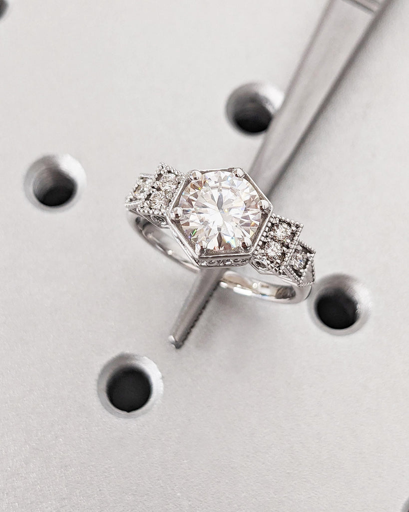 Vintage Filigree Art Deco Round Cut Lab Grown Diamond Engagement Ring, 14K White Gold Promise Ring, Antique Wedding Promise Anniversary Ring