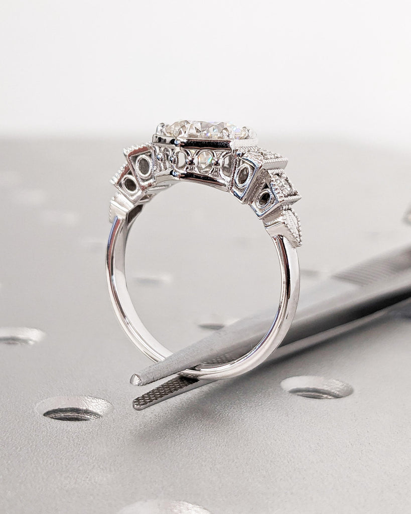 1.5CT Lab Grown Diamond Ring, Vintage Style Engagement Ring, Solid 14K White Gold Simulated Diamond Wedding Ring for Her, Art Deco Filigree