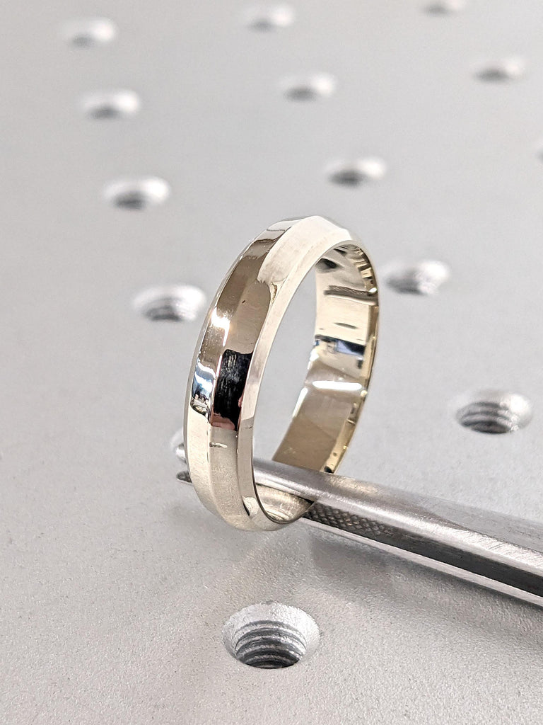 14K Solid White Gold Ring Simple Wedding Ring for Him | Beveled Edge Mens Wedding Band 6MM | Polished Finish Gold Ring | Unisex His Her Ring