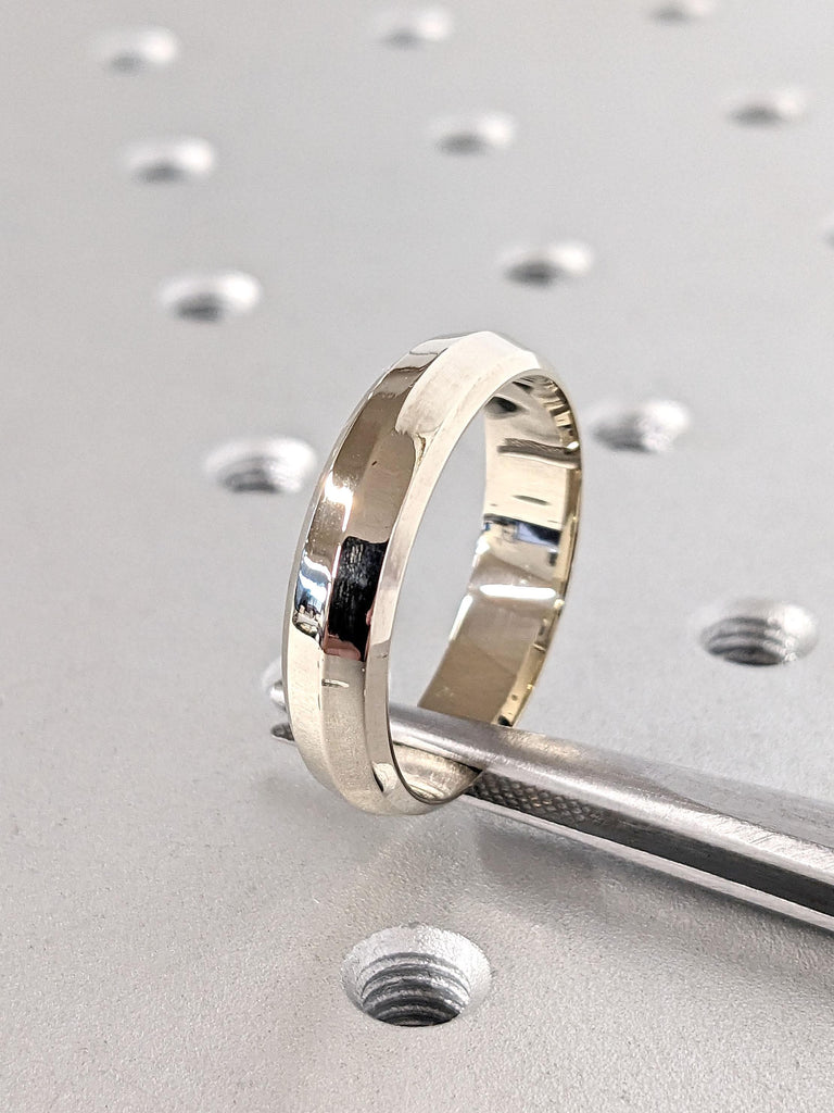 14K Solid White Gold Ring Simple Wedding Ring for Him | Beveled Edge Mens Wedding Band 6MM | Polished Finish Gold Ring | Unisex His Her Ring