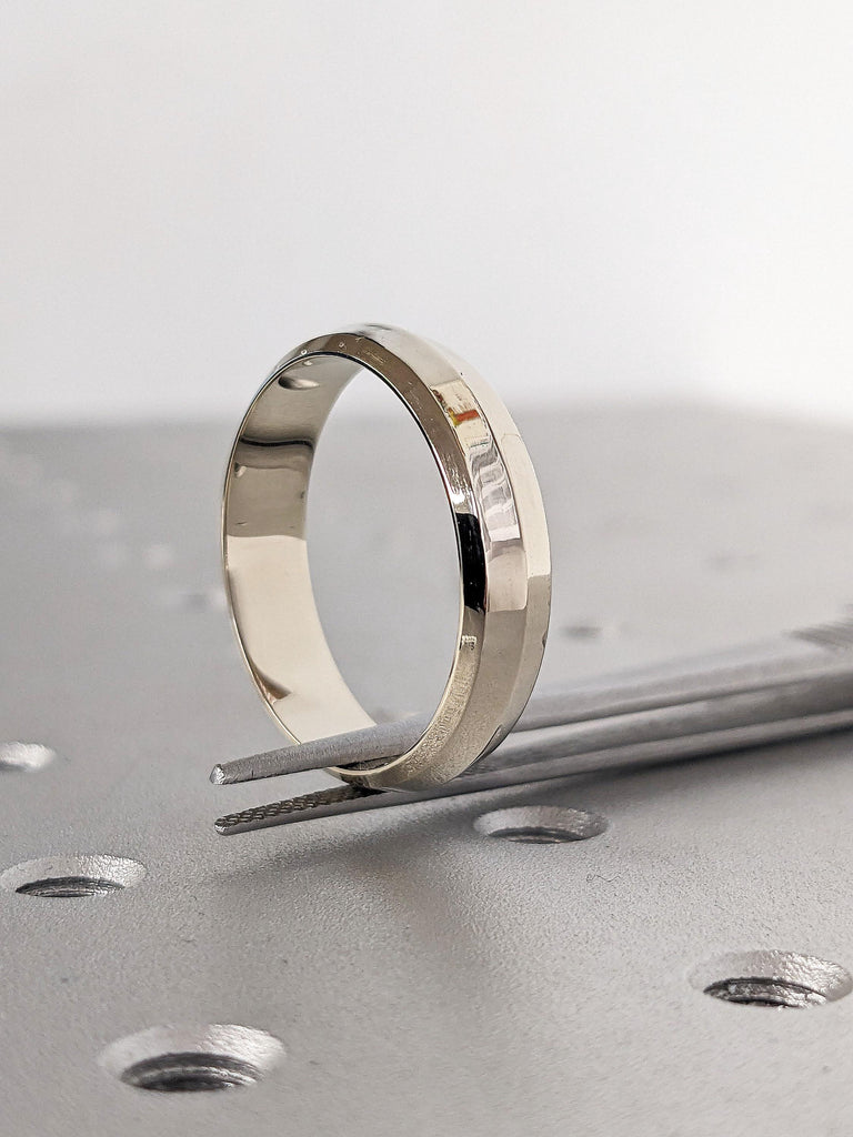 White Gold Men Unique Wedding Band with Beveled Edge | Engagement Band - Mens 14k Gold Ring, Gift for Him | Everyday Wear Simple Gold Ring