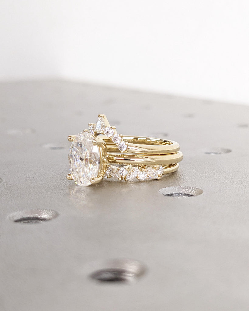 Oval Moissanite Engagement Ring Set, 14K Gold Marquise Round Moissanite Cluster Ring, Curved Wedding Band, Matching Stacking 3pcs Bridal Set