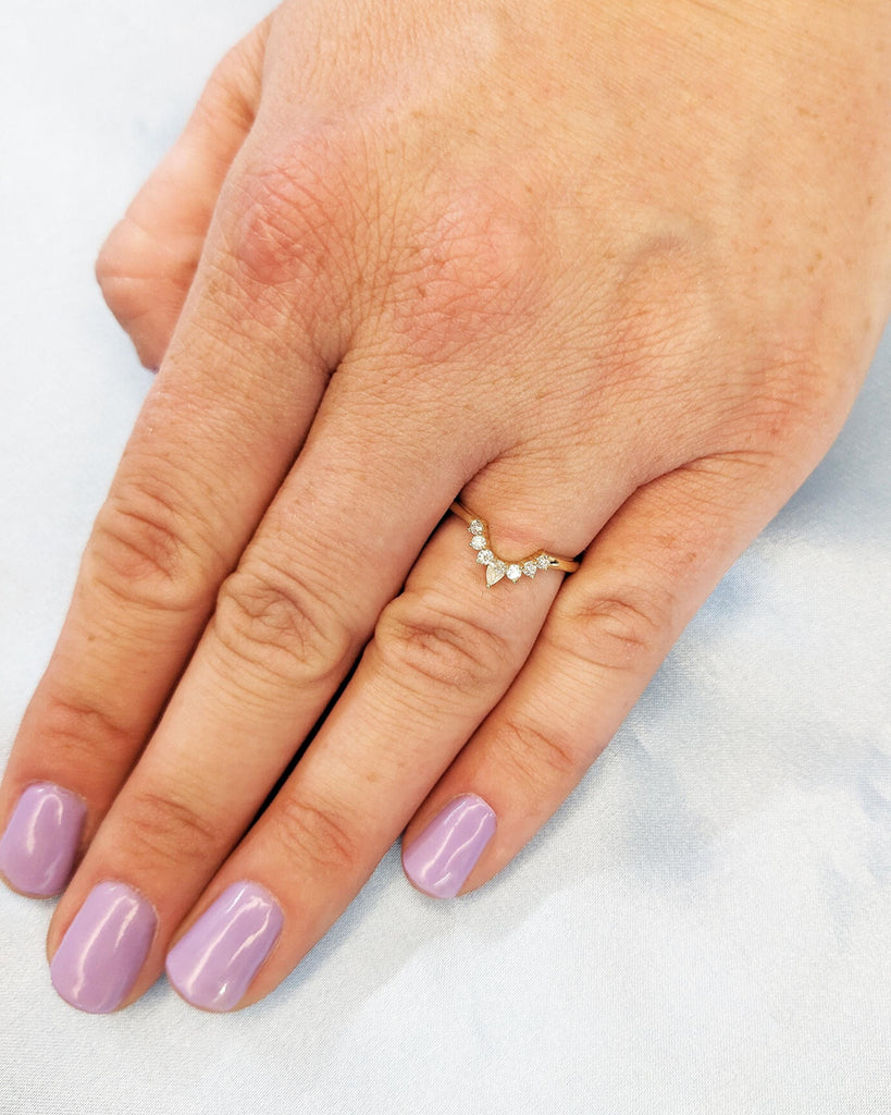 Real Diamond Band 14K Gold | Curved Wedding Band | Cluster Diamond Ring | Matching Stacking Bridal Ring | Unique Wedding Band Gift for Women