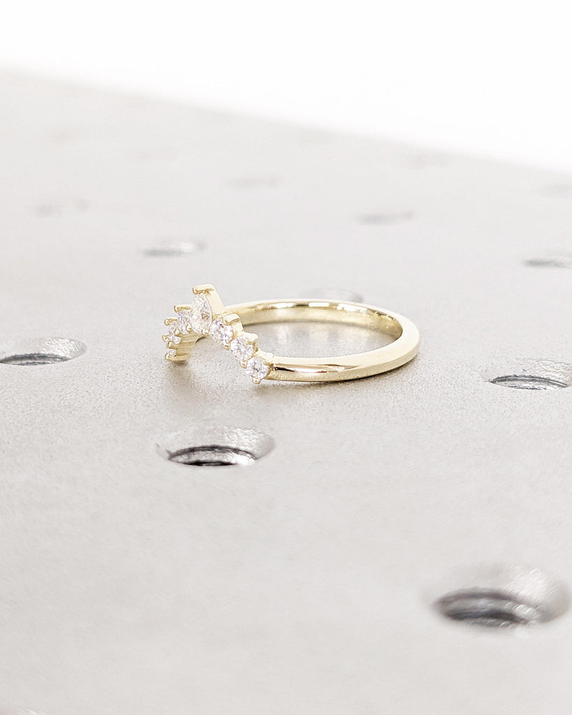 14K Gold Crown Wedding Band | Diamond Curved Ring | Curved Diamond Band | Moissanite Band | Pear & Round Tiara Engagement Stack Wedding Ring