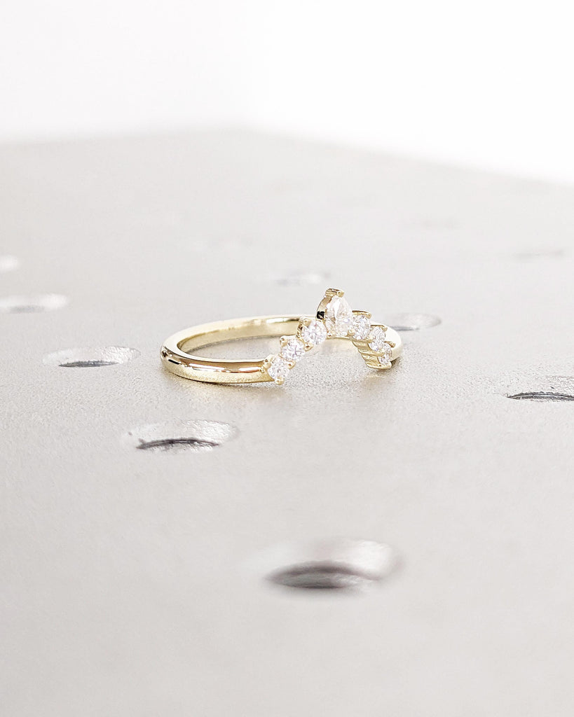 14K Gold Crown Wedding Band | Diamond Curved Ring | Curved Diamond Band | Moissanite Band | Pear & Round Tiara Engagement Stack Wedding Ring