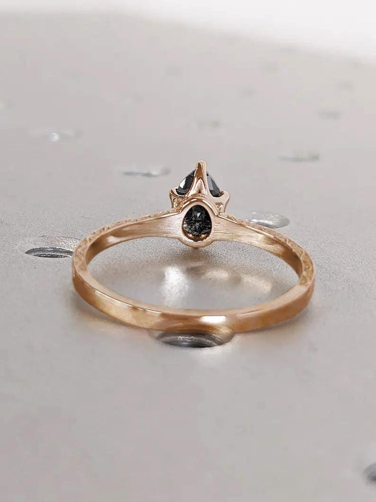Art Deco 1920's Inspired Pear cut Natural Salt and Pepper Black Diamond Engagement Ring | 18k Rose Gold Rings for Women | Vintage Engagement