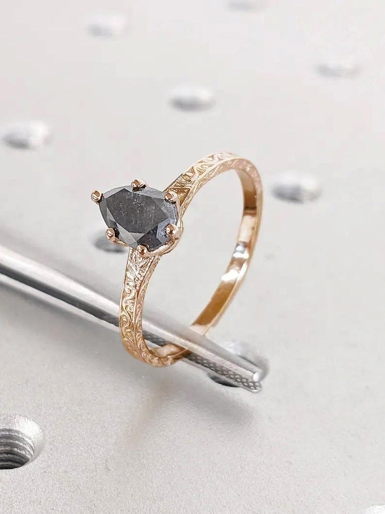 Art Deco 1920&#39;s Inspired Pear cut Natural Salt and Pepper Black Diamond Engagement Ring | 18k Rose Gold Rings for Women | Vintage Engagement