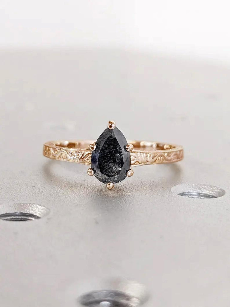 Vintage 14k Rose Gold Diamond Engagement Ring | 1 Carat Raw Salt and Pepper Diamond Pear cut Ring | Promise Ring for Her