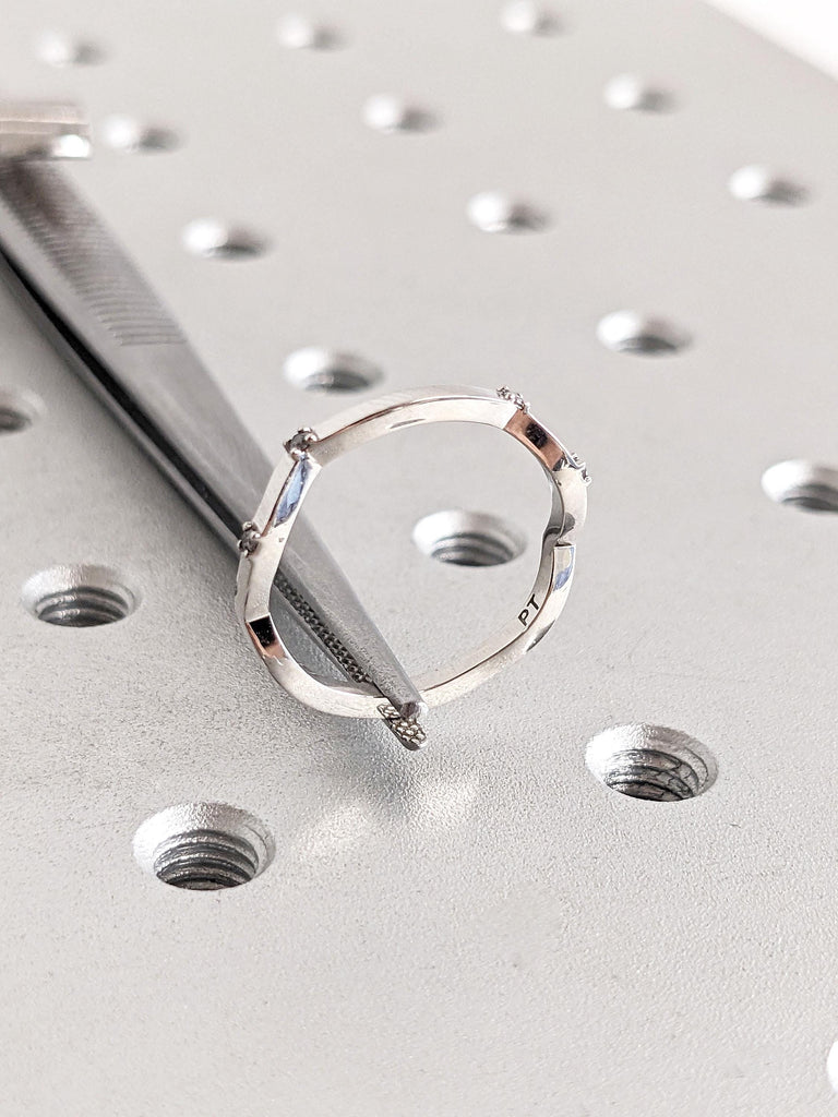 Unique Tiny Natural Grey Diamond Stacking Ring | Platinum Woman Bridal Ring | Salt and Pepper Diamond Ring for Her | Wavy Ring Matching Ring