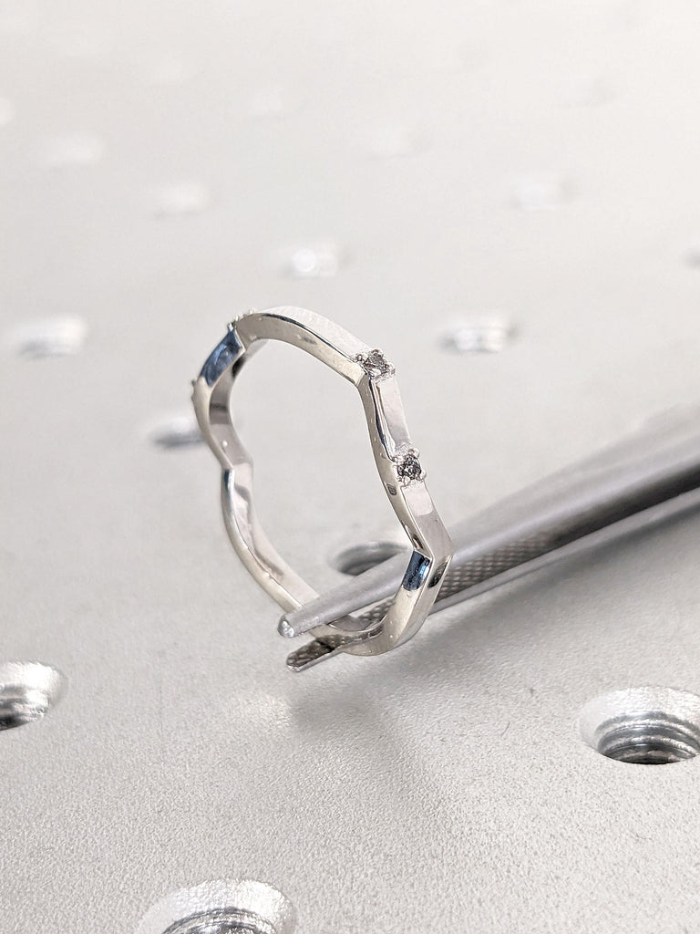Unique Tiny Natural Grey Diamond Stacking Ring | Platinum Woman Bridal Ring | Wavy Ring | Matching Ring