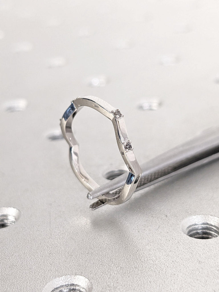 Unique Tiny Natural Grey Diamond Stacking Ring | Platinum Woman Bridal Ring | Wavy Ring | Matching Ring