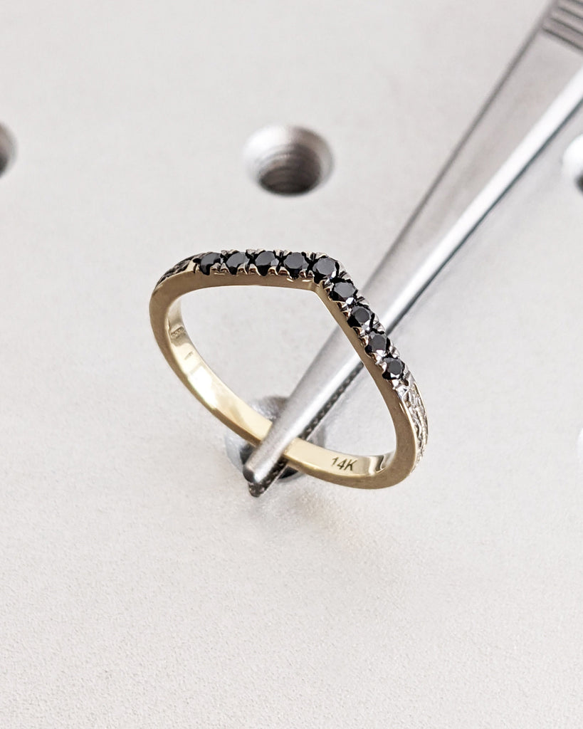 Black Diamond Wedding Band, Curved Wedding Band, Chevron Ring, V Ring, Solid Gold Stacking Ring, Vintage Filigree Matching Band, Gift for Wife